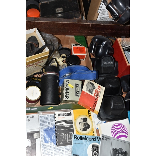 640 - THREE BOXES OF VINTAGE PHOTOGRAPHIC EQUIPMENT ETC, to include a Carl Zeiss 85mm f2.8 Sonnar bayonet ... 