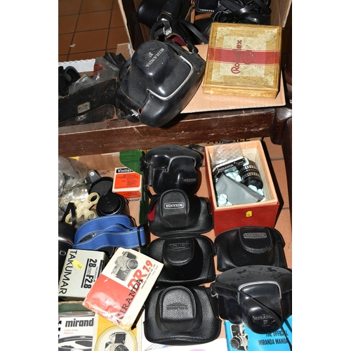 640 - THREE BOXES OF VINTAGE PHOTOGRAPHIC EQUIPMENT ETC, to include a Carl Zeiss 85mm f2.8 Sonnar bayonet ... 