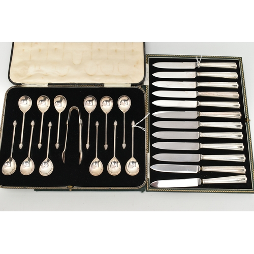 84 - TWO CASED SETS OF SILVER CUTLERY, the first a black case containing a set of twelve teaspoons fitted... 