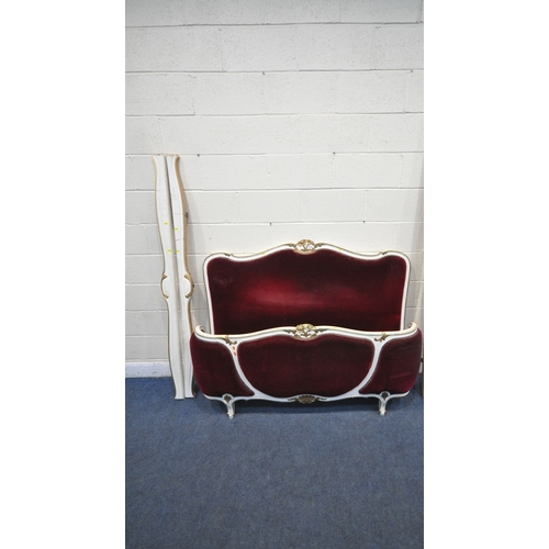 1279 - A WHITE AND GOLD 5FT10 PAINTED FRENCH BEDSTEAD, with burgundy upholstery, along with a pairs of side... 