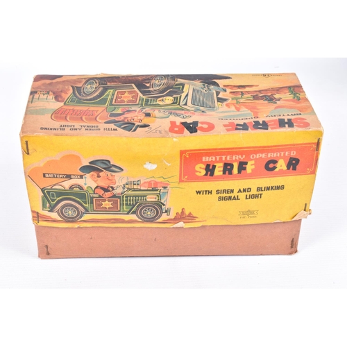 26 - A BOXED SHOWA TN TOYS TINPLATE BATTERY OPERATED SHERIFF CAR, not tested, appears complete and in goo... 