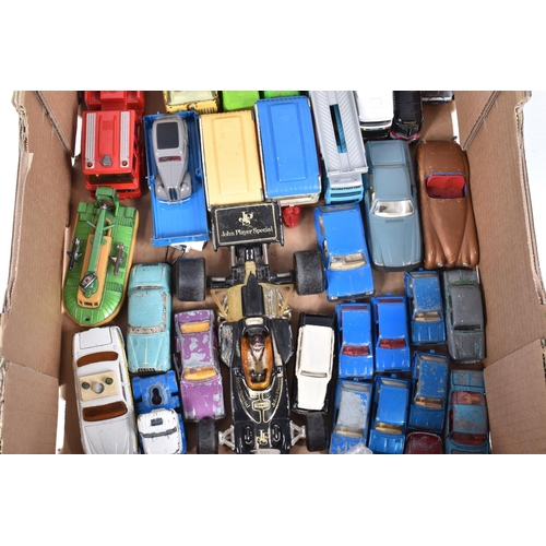 33 - A QUANTITY OF UNBOXED AND ASSORTED PLAYWORN DIECAST AND PLASTIC VEHICLES, to include Spot-On, Dinky,... 