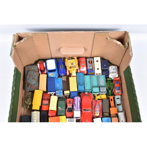 34 - A QUANTITY OF UNBOXED AND ASSORTED PLAYWORN DIECAST AND PLASTIC VEHICLES, to include Matchbox, Corgi... 