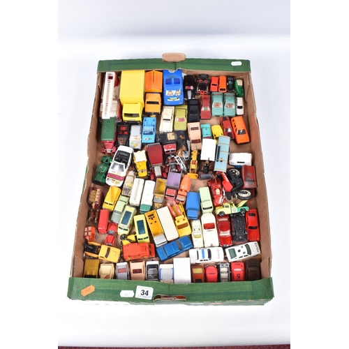 34 - A QUANTITY OF UNBOXED AND ASSORTED PLAYWORN DIECAST AND PLASTIC VEHICLES, to include Matchbox, Corgi... 