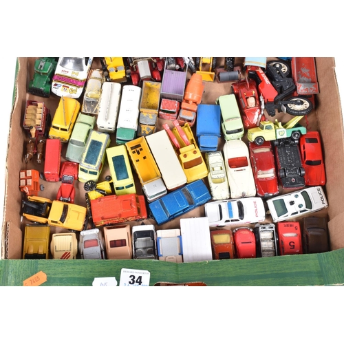 34 - A QUANTITY OF UNBOXED AND ASSORTED PLAYWORN DIECAST AND PLASTIC VEHICLES, to include Matchbox, Corgi... 