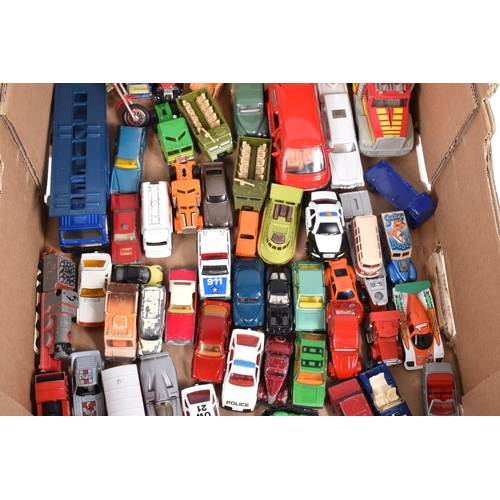 34 - A QUANTITY OF UNBOXED AND ASSORTED PLAYWORN DIECAST AND PLASTIC VEHICLES, to include Matchbox, Corgi... 