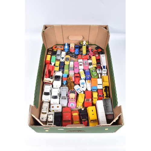 34 - A QUANTITY OF UNBOXED AND ASSORTED PLAYWORN DIECAST AND PLASTIC VEHICLES, to include Matchbox, Corgi... 