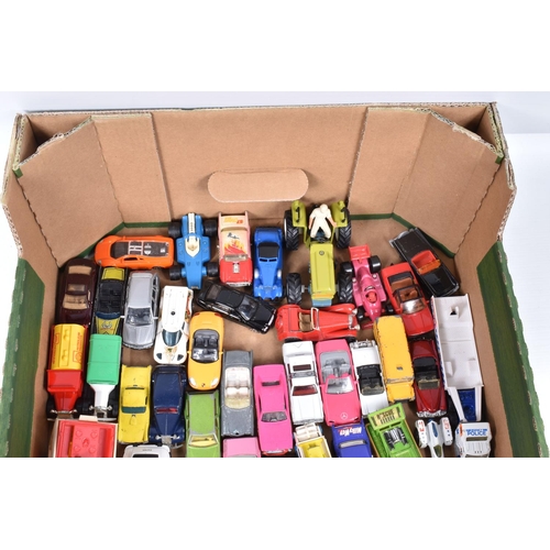 34 - A QUANTITY OF UNBOXED AND ASSORTED PLAYWORN DIECAST AND PLASTIC VEHICLES, to include Matchbox, Corgi... 