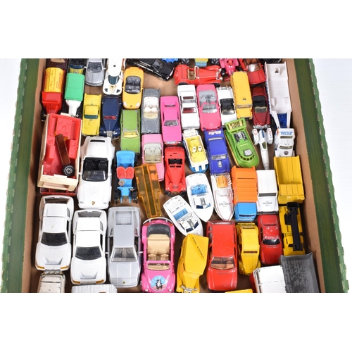 34 - A QUANTITY OF UNBOXED AND ASSORTED PLAYWORN DIECAST AND PLASTIC VEHICLES, to include Matchbox, Corgi... 