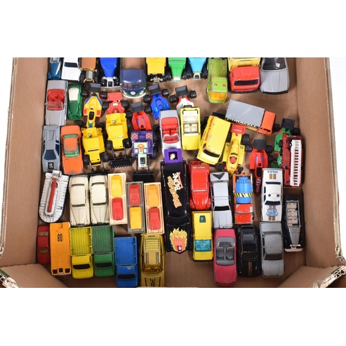 34 - A QUANTITY OF UNBOXED AND ASSORTED PLAYWORN DIECAST AND PLASTIC VEHICLES, to include Matchbox, Corgi... 