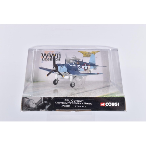 35 - SIX BOXED CORGI 1:72 SCALE WWII LEGENDS RANGE MILITARY AIRCRAFT MODELS, to include a Chance Vought F... 