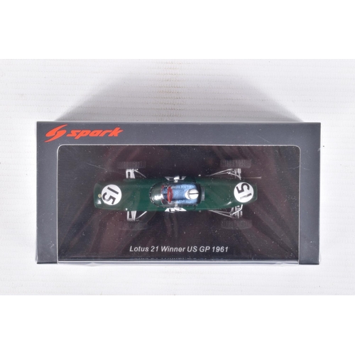 38 - FOUR BOXED 1:43 SCALE SPARK MODEL MINIMAX VEHICLES to include a Lotus 21 Winner US Grand Prix 1961 I... 