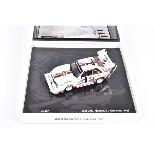 42 - THREE BOXED MINICHAMPS 1:43 SCALE MODELS IN PRESENTATION BOXES, to include an Audi Sport Quattro S1 ... 