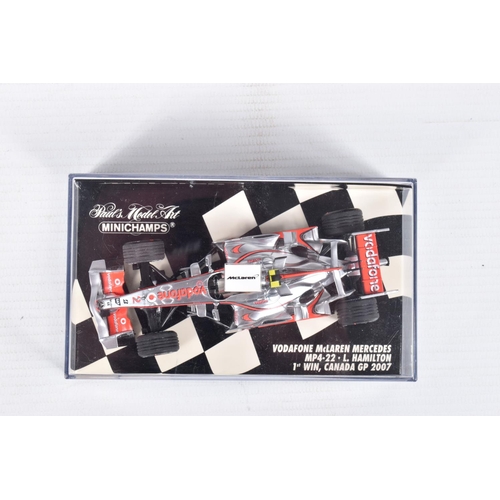 43 - SIX BOXED MINICHAMPS 1:43 SCALE MODELS to include a Vodafone McLaren Mercedes MP4-33 Lewis Hamilton ... 