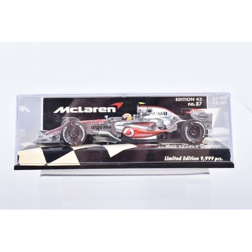 43 - SIX BOXED MINICHAMPS 1:43 SCALE MODELS to include a Vodafone McLaren Mercedes MP4-33 Lewis Hamilton ... 