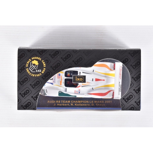 44 - FOUR BOXED 1:43 SCALE MODEL CARS to include a Porsche 919 Hybrid #19 winners Le Mans 2015 in white, ... 