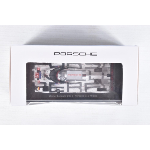 44 - FOUR BOXED 1:43 SCALE MODEL CARS to include a Porsche 919 Hybrid #19 winners Le Mans 2015 in white, ... 