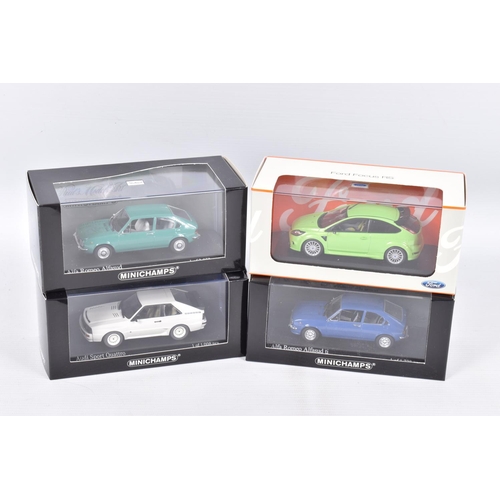 45 - FOUR BOXED 1:43 SCALE MINICHAMPS MODEL VEHICLES to include an Alfa Romeo Alfasud ti Azzurro Le Mans ... 