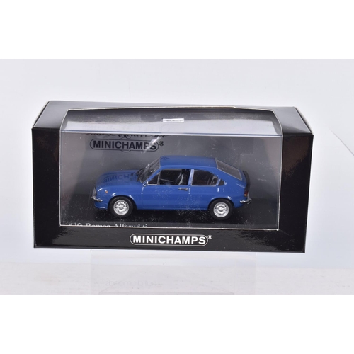 45 - FOUR BOXED 1:43 SCALE MINICHAMPS MODEL VEHICLES to include an Alfa Romeo Alfasud ti Azzurro Le Mans ... 