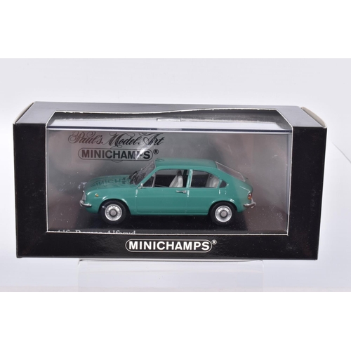 45 - FOUR BOXED 1:43 SCALE MINICHAMPS MODEL VEHICLES to include an Alfa Romeo Alfasud ti Azzurro Le Mans ... 