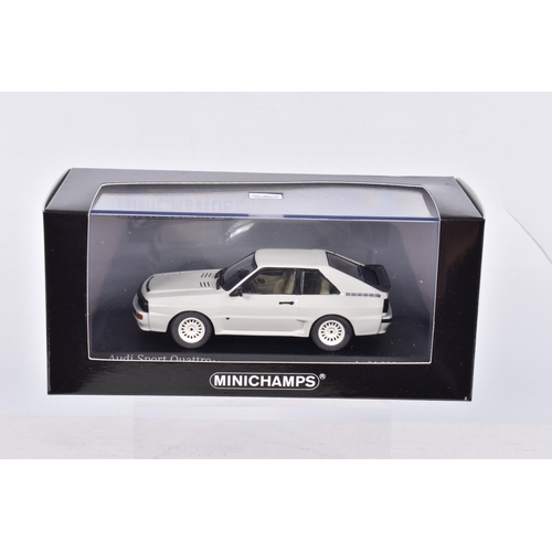 45 - FOUR BOXED 1:43 SCALE MINICHAMPS MODEL VEHICLES to include an Alfa Romeo Alfasud ti Azzurro Le Mans ... 