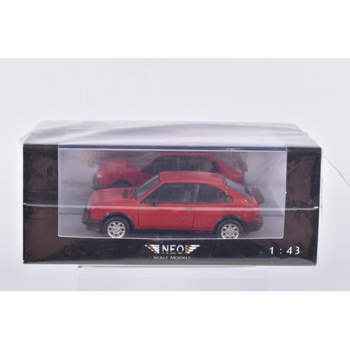 47 - FOUR BOXED NEO 1:43 SCALE MODELS to include an Alfa Romeo Alfasud Ti 1.5 Quadrifoglio V in red item ... 