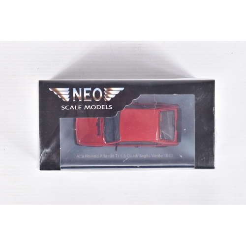 47 - FOUR BOXED NEO 1:43 SCALE MODELS to include an Alfa Romeo Alfasud Ti 1.5 Quadrifoglio V in red item ... 