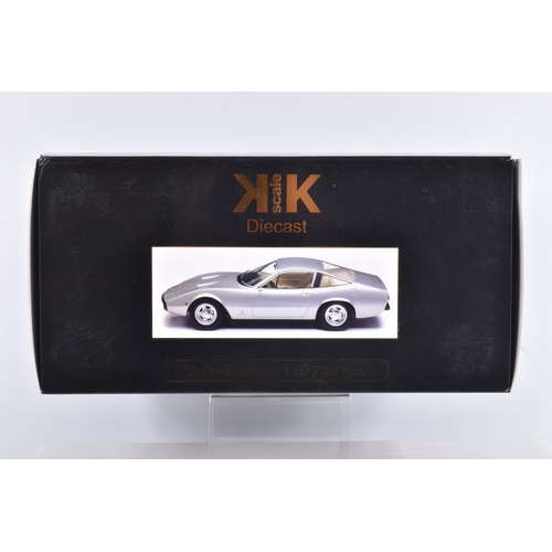 116 - TWO BOXED 1:18 SCALE DIECAST MODEL CARS, to include a KK Scale model Ferrari 365 GTC4, 1971 in silve... 