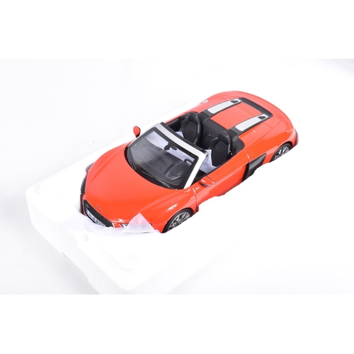 117 - TWO BOXED 1:18 SCALE DIECAST MODEL CARS, to include an I Scale Audi Ra Spyder V10 in Dynamite Red, i... 