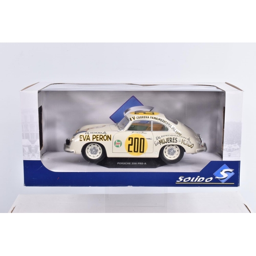 118 - FOUR BOXED SOLIDO 1:18 SCALE DIECAST MODEL CARS, to include a 1966 Citroen 2CV , item 8029, a Lotus ... 