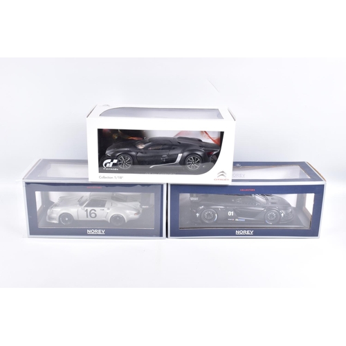 119 - THREE BOXED NOREV 1:18 SCALE DIECAST MODELS, to include a  GT by Citroen in Matt Black 2008 Concept ... 