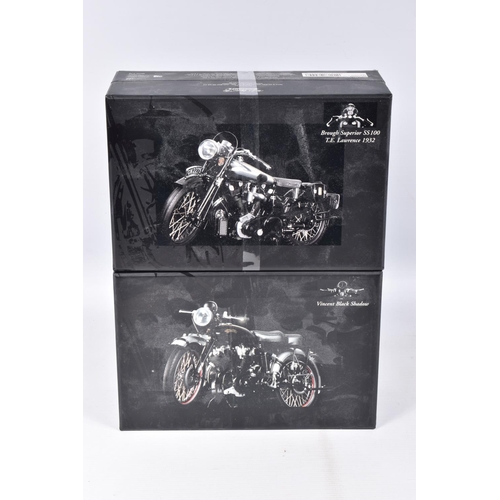 71 - TWO BOXED MINICHAMPS 1:12 SCALE MODEL CLASSIC BIKES, to include a Vincent - HRD Series C in Black Sh... 