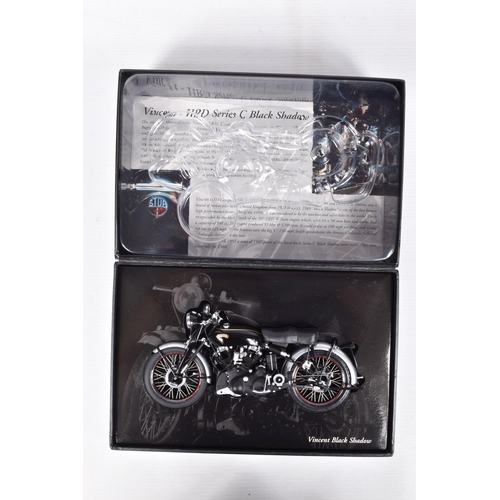 71 - TWO BOXED MINICHAMPS 1:12 SCALE MODEL CLASSIC BIKES, to include a Vincent - HRD Series C in Black Sh... 