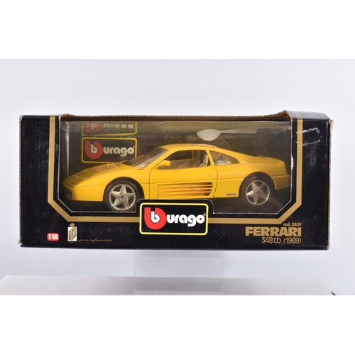 81 - FIVE BOXED 1:18 SCALE BBURAGO DIECAST MODEL CARS, to include a Ferrari 348tb 1989 in yellow, item no... 