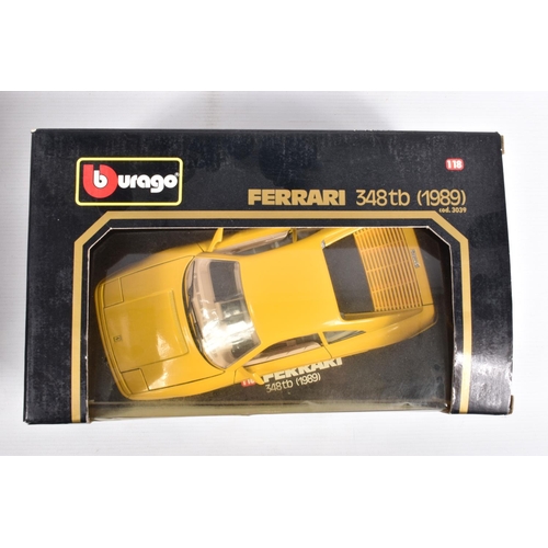 81 - FIVE BOXED 1:18 SCALE BBURAGO DIECAST MODEL CARS, to include a Ferrari 348tb 1989 in yellow, item no... 