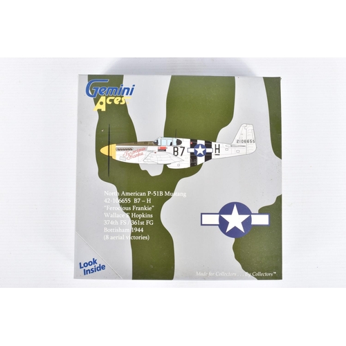 83 - SIX BOXED GEMINI ACES 1:72 SCALE DIECAST MODEL AIRCRAFTS, the first is a P-51B Mustang, numbered GAR... 