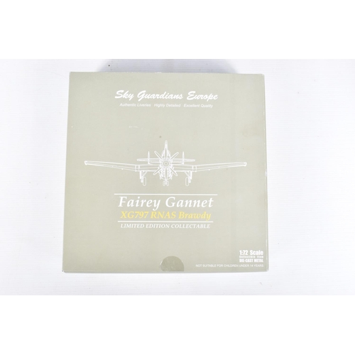 87 - FIVE BOXED SKY GUARDIANS 1:72 SCALE DIE-CAST METAL MODEL AIRCRAFTS,  to include a Fairey Gannet Roya... 