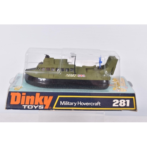 90 - THREE BOXED DINKY DIECAST MILITARY TOYS, to include a Military Hovercraft, item no. 281, an Air Sea ... 