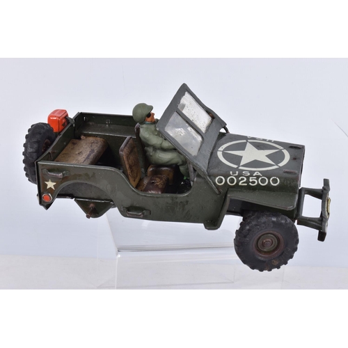 92 - AN UNBOXED ARNOLD TINPLATE CLOCKWORK U.S. ARMY WILLYS JEEP, No.2500, with original key and in workin... 