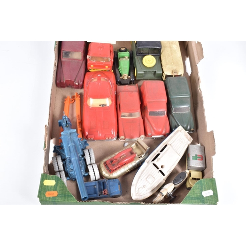 128 - A QUANTITY OF ASSORTED VINTAGE PLASTIC VEHICLE MODELS, mainly c.1960's Hong Kong made, to include Mi... 