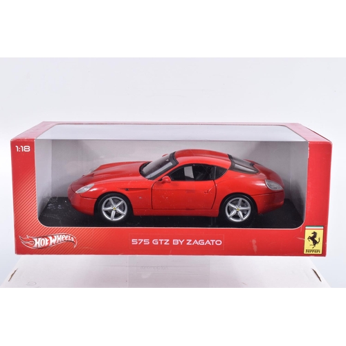 147 - SEVEN BOXED 1:18 SCALE HOTWHEELS FERRARI DIECAST MODEL VEHICLES, the first a customised Ferrari Enzo... 