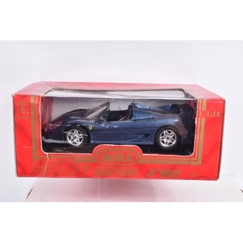 156 - SEVEN BOXED 1:18 SCALE FERRARI DIECAST MODEL VEHICLES, to include a Mira Ferrari F50 1995 in Blue, G... 