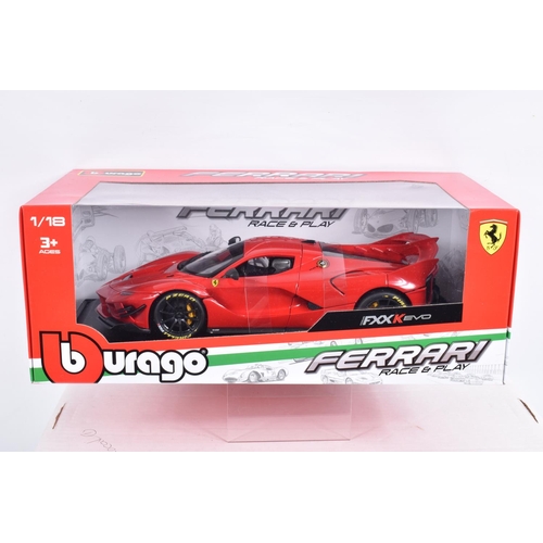 157 - SEVEN BOXED 1:18 SCALE FERRARI DIECAST MODEL VEHICLES, to include a Bburago Ferrari FXX-K Evo Hybrid... 