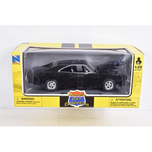 158 - NINE  BOXED AMERICAN BRANDED 1:24 SCALE DIECAST MODEL VEHICLES, to include a  New Ray Dodge Charger ... 