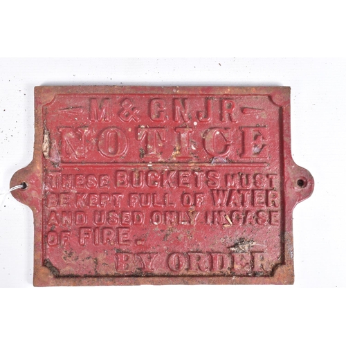 304 - THREE CAST IRON M. & G. N. JOINT RAILWAY FIRE BUCKET NOTICES/SIGNS, stating By order 'These Buckets ... 