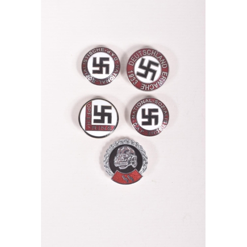 362 - FIVE ASSORTED GERMAN PIN BADGES, to include NSDAP, Opfer-ring and on other, these have various maker... 