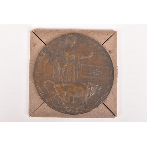 371 - A WWI MEMORIAL PLAQUE NAMED TO CHARLES MULLINS, this comes with its original card envelop, there are... 