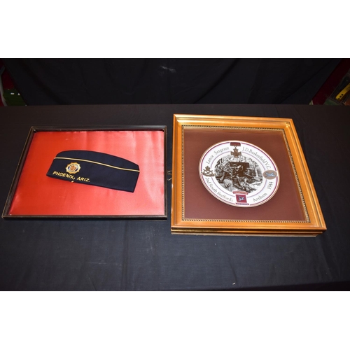 467 - MILITARY AND AIRFORCE INTEREST, a group of framed prints, plaques, pennants, plate, etc, including p... 