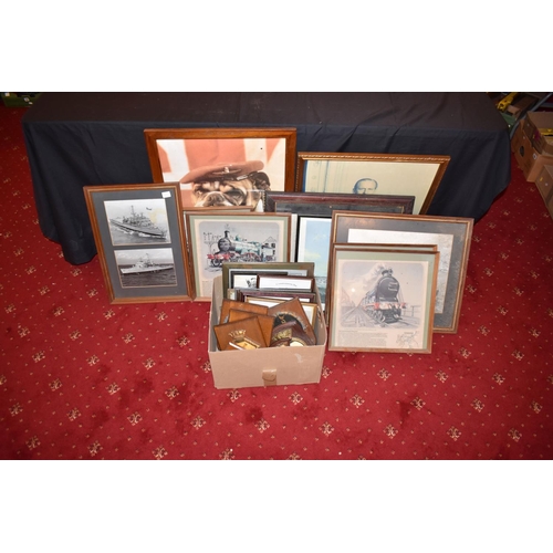 468 - ROYAL NAVY AND TRAIN INTEREST, a group of framed prints, photographs and wooden wall plaques, includ... 