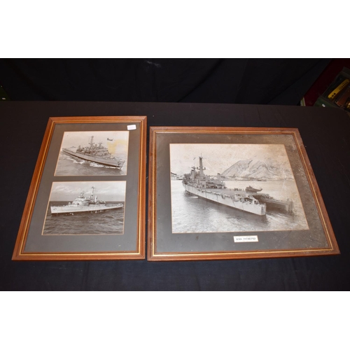 468 - ROYAL NAVY AND TRAIN INTEREST, a group of framed prints, photographs and wooden wall plaques, includ... 